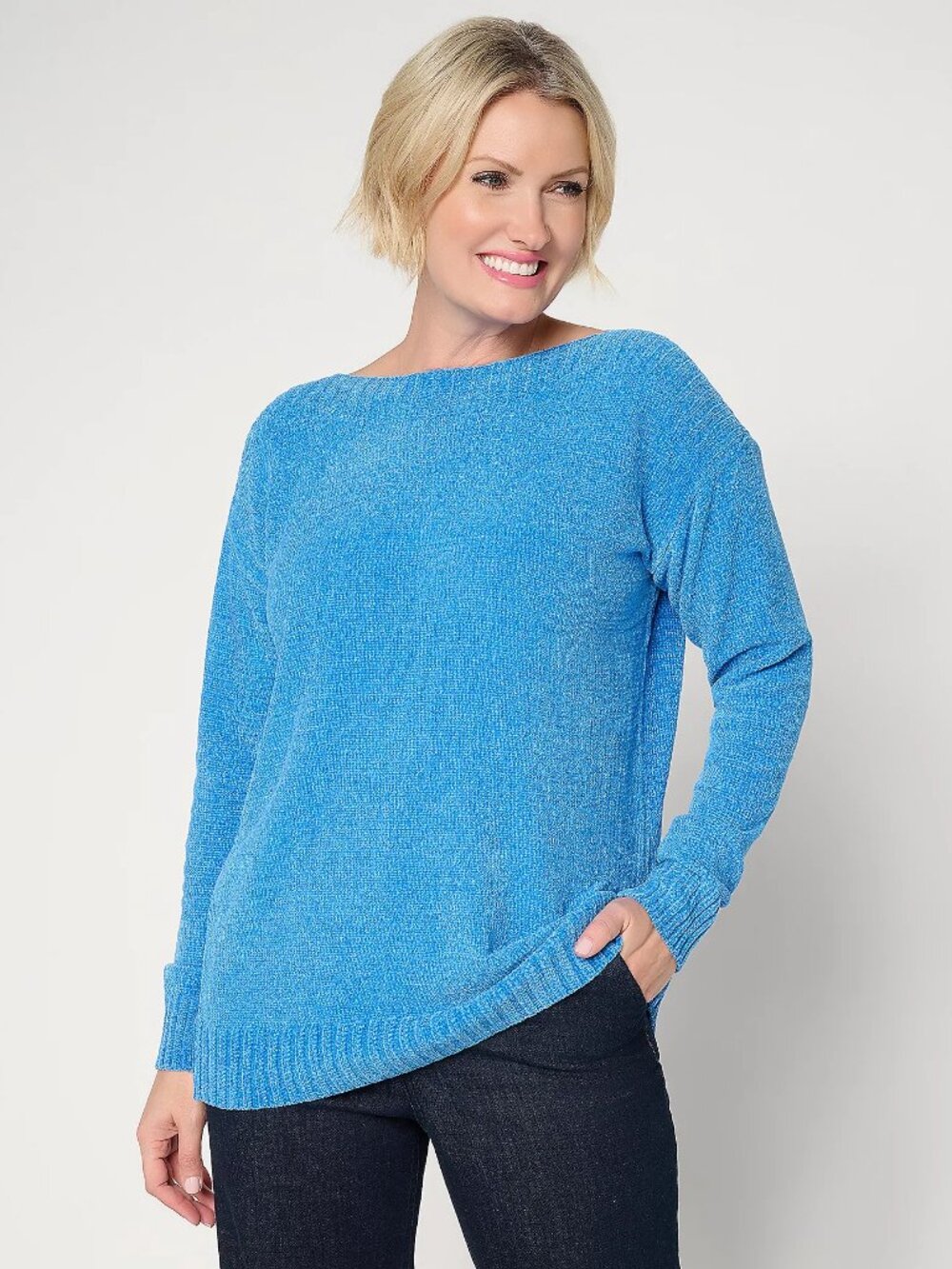 Denim & Co. Chenille Boat Neck Long Sleeve Sweater, Blue Sz XXS a712595